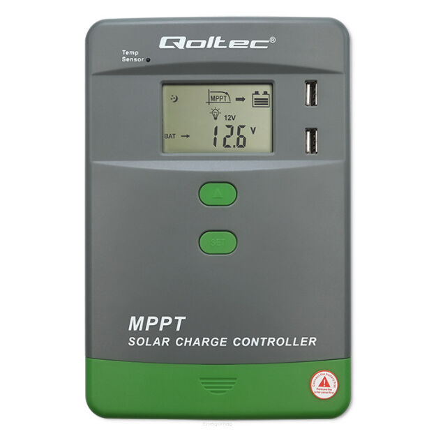 Qoltec Solarny regulator ładowania MPPT z czujnikiem temperatury 30A |12V / 24V | LCD | 2 x USB | Bluetooth | APP | GEL | LiFePO4