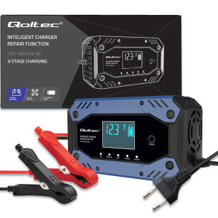 Qoltec Inteligentna ładowarka do  akumulatora STD AGM GEL LiFePO4 |  Prostownik z funkcją naprawy |12-24V |10A |  LCD | 9 - stopniowe ładowanie