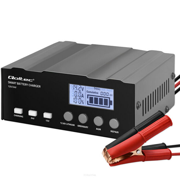 Qoltec Inteligentna mikroprocesorowa ładowarka 12V | 12.6V | 24V | Prostownik z funkcją naprawy do AGM GEL | LCD